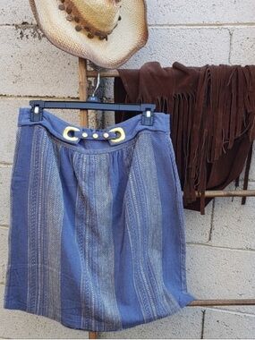 Madchen chambray  A-line skirt striped embroidery gold belt summer anthro $200